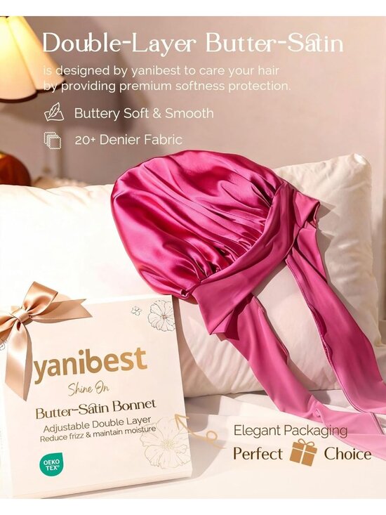 〽️Women Hot Pink Double Layer Hair Wrap Reduce Friction Prevent Frizz Satin main image 4